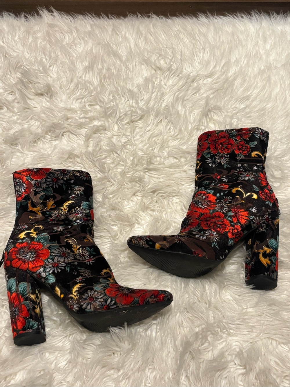 Floral Velvet Ankle Boots - Red/Black